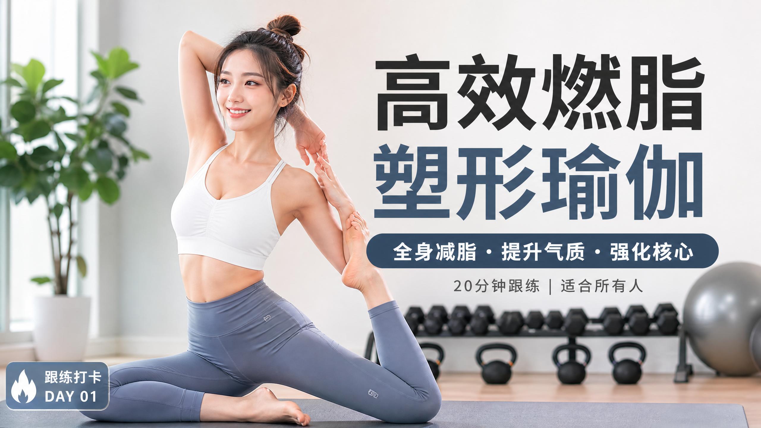 抖音风 【健身视频教程】高效燃脂塑形瑜伽，20分钟跟练视频演示，全身减脂提升气质